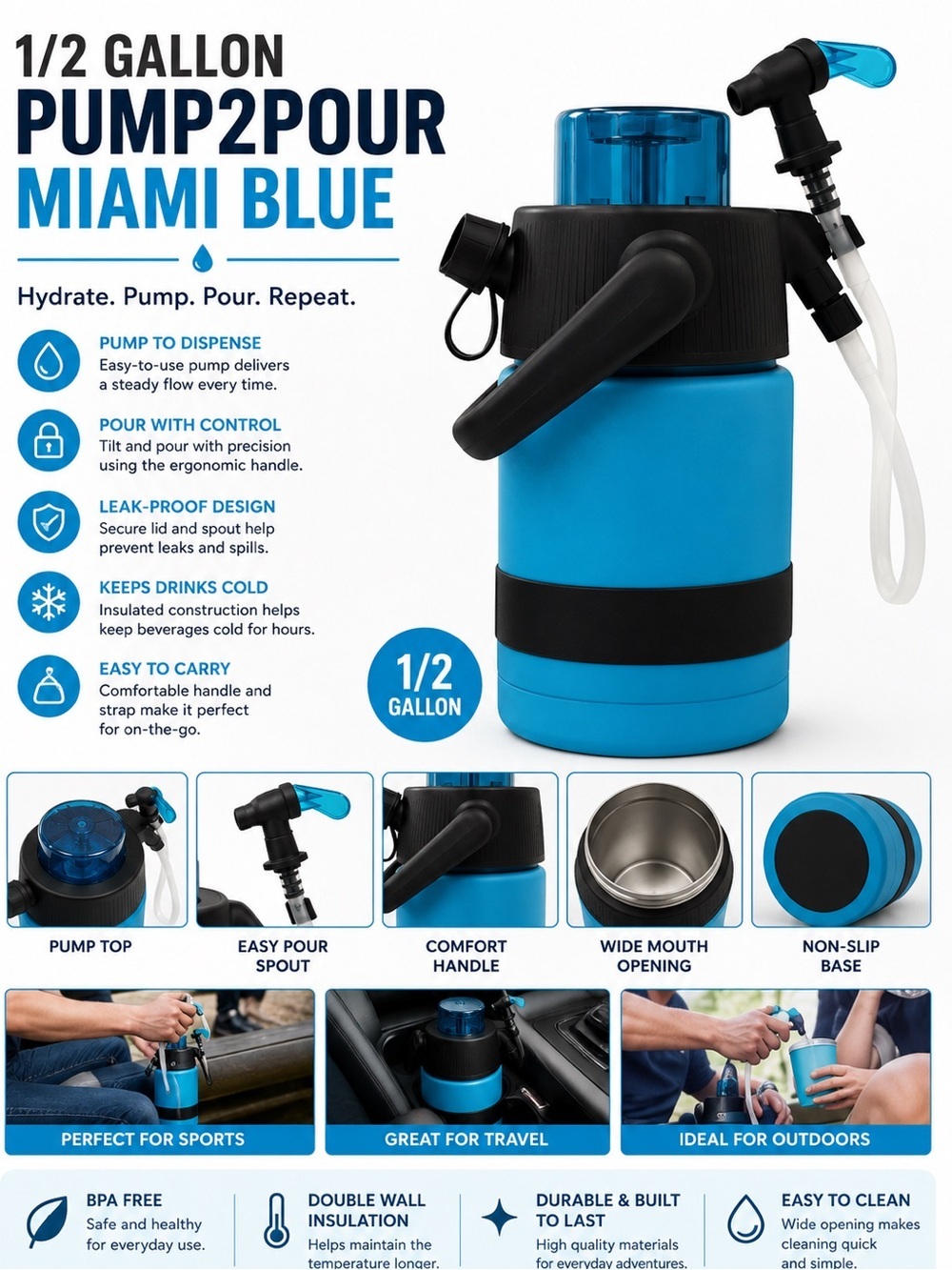 Pump2Pour 1/2 Gallon Insulated Water Jug - Miami Blue